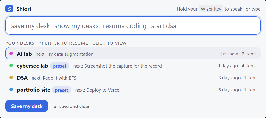 Your desks: AI lab, cybersec lab (a preset), DSA and portfolio site, each with its next step