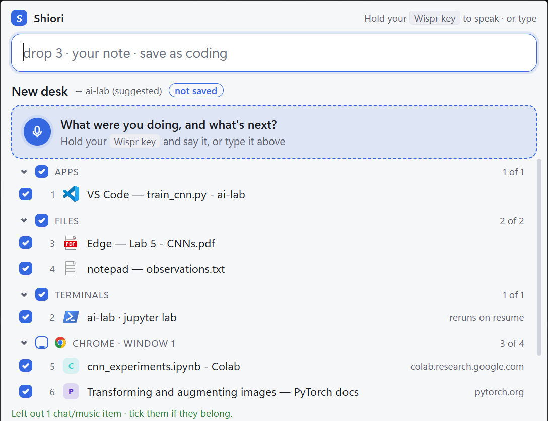 The Shiori bar listing VS Code on ai-lab, a lab PDF, observations.txt, a jupyter lab terminal and Chrome tabs, with music left out