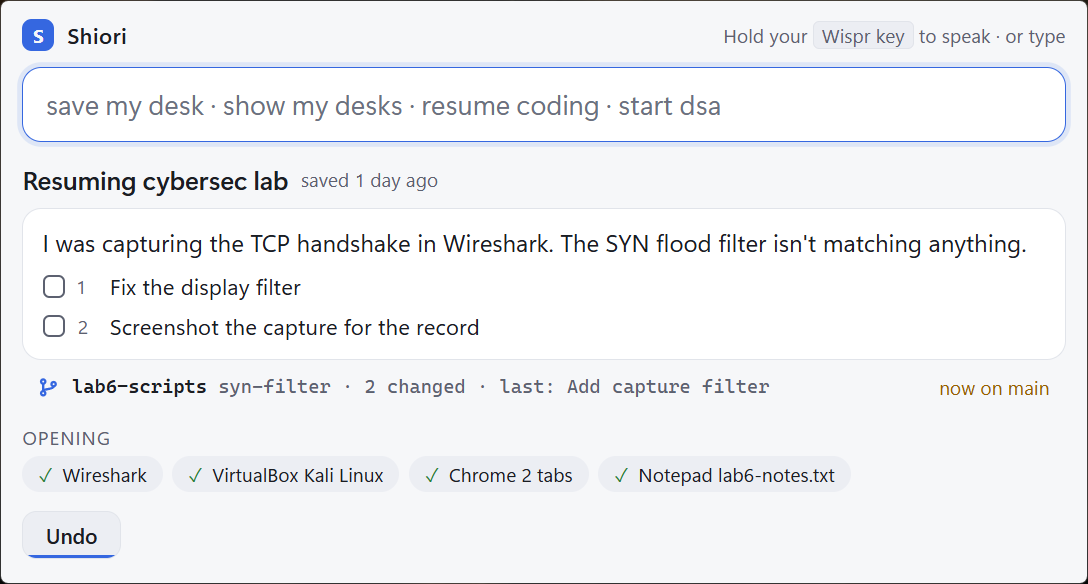 Resuming cybersec lab: the note, next steps, the git branch with a now-on-main warning, and Wireshark, VirtualBox, Chrome and Notepad reopening